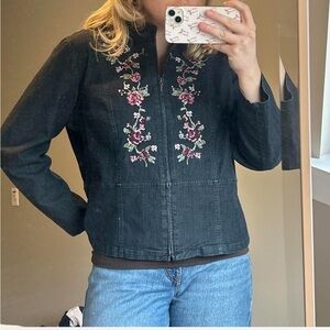 Northern Reflections Dark Denim Jacket with Floral Embroidery